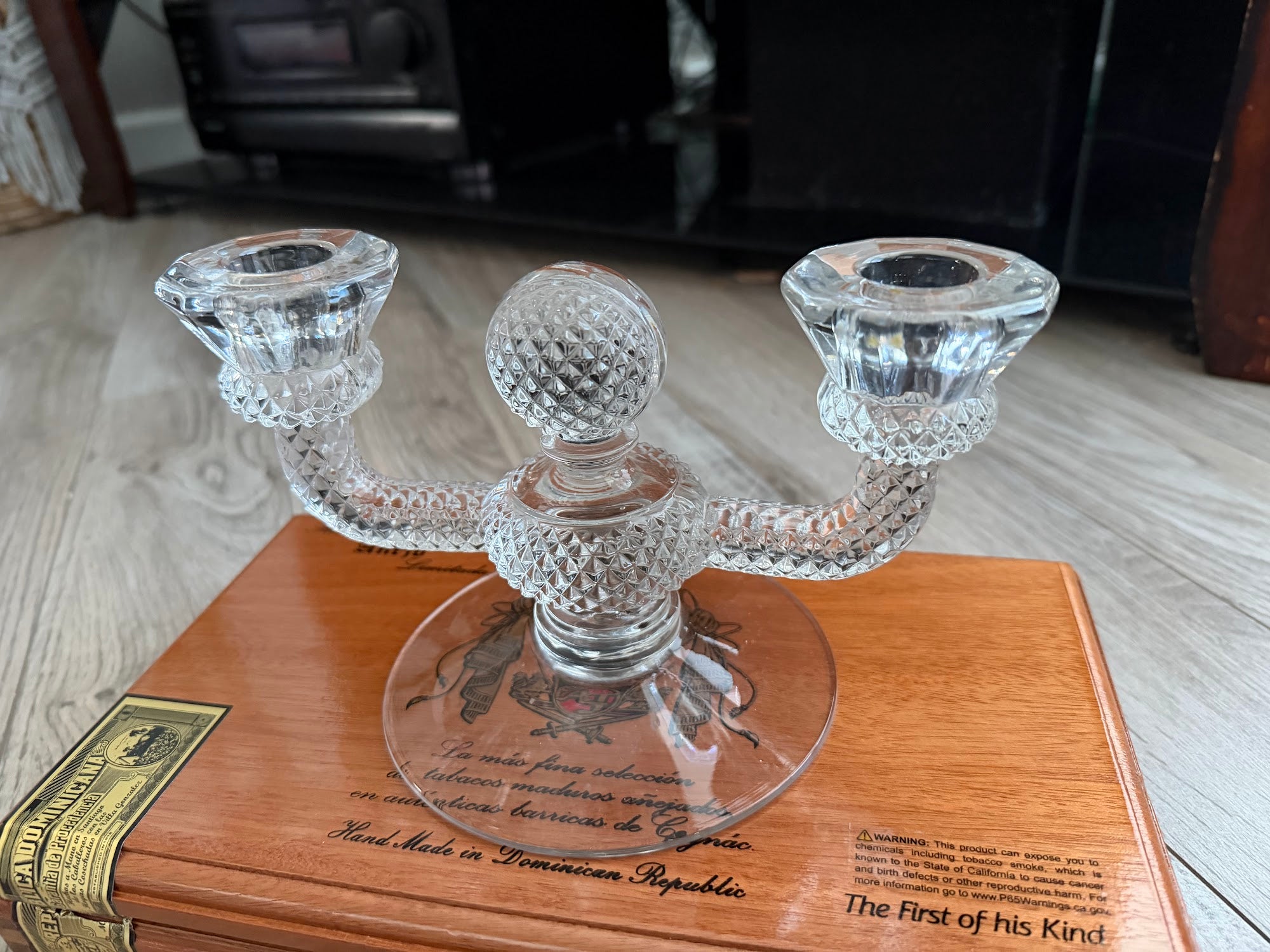 Angled view of candelabra showing diamond point center ball