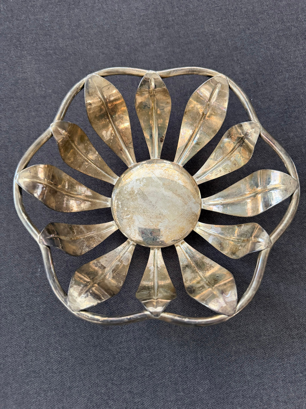 Ross-Simons silverplate lotus petal bowl, top view showing open flower form