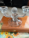 Vintage pressed glass two-light candelabra, front view