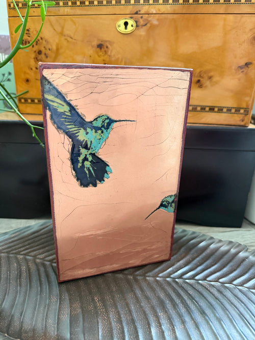 Houston Llew Spiritile 067 Wing It hummingbird glass on copper art tile, front view