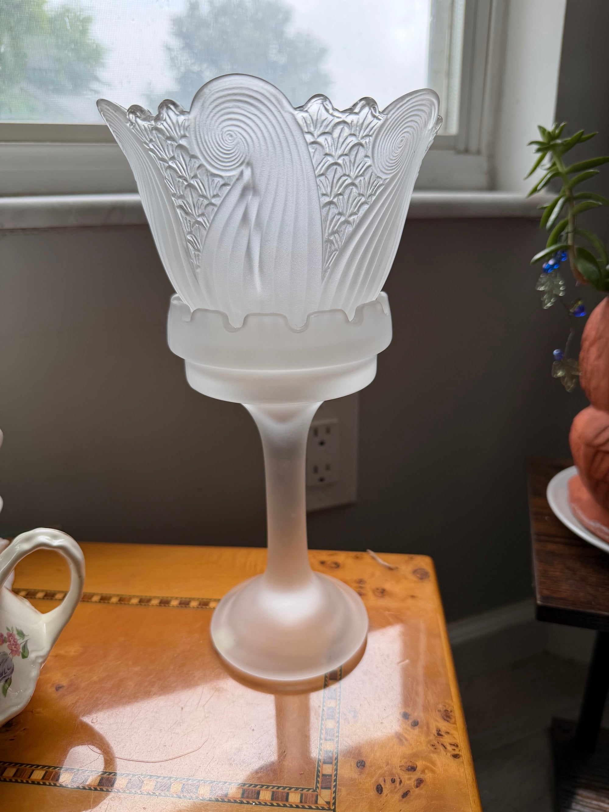 Frosted glass shade seated in crown-top pedestal base, alternate view
