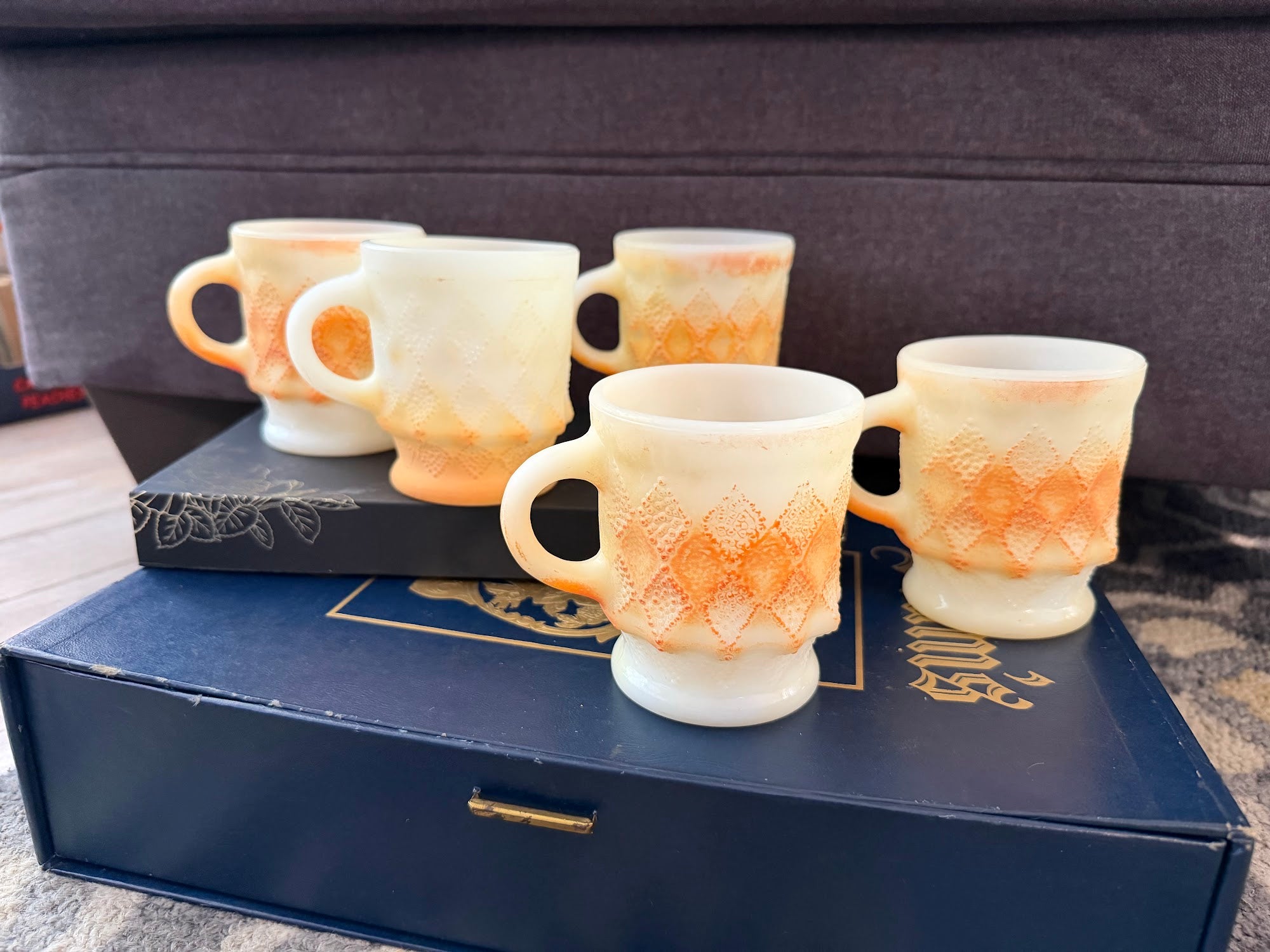Kimberly diamond mugs grouped, showing orange sunset coloring
