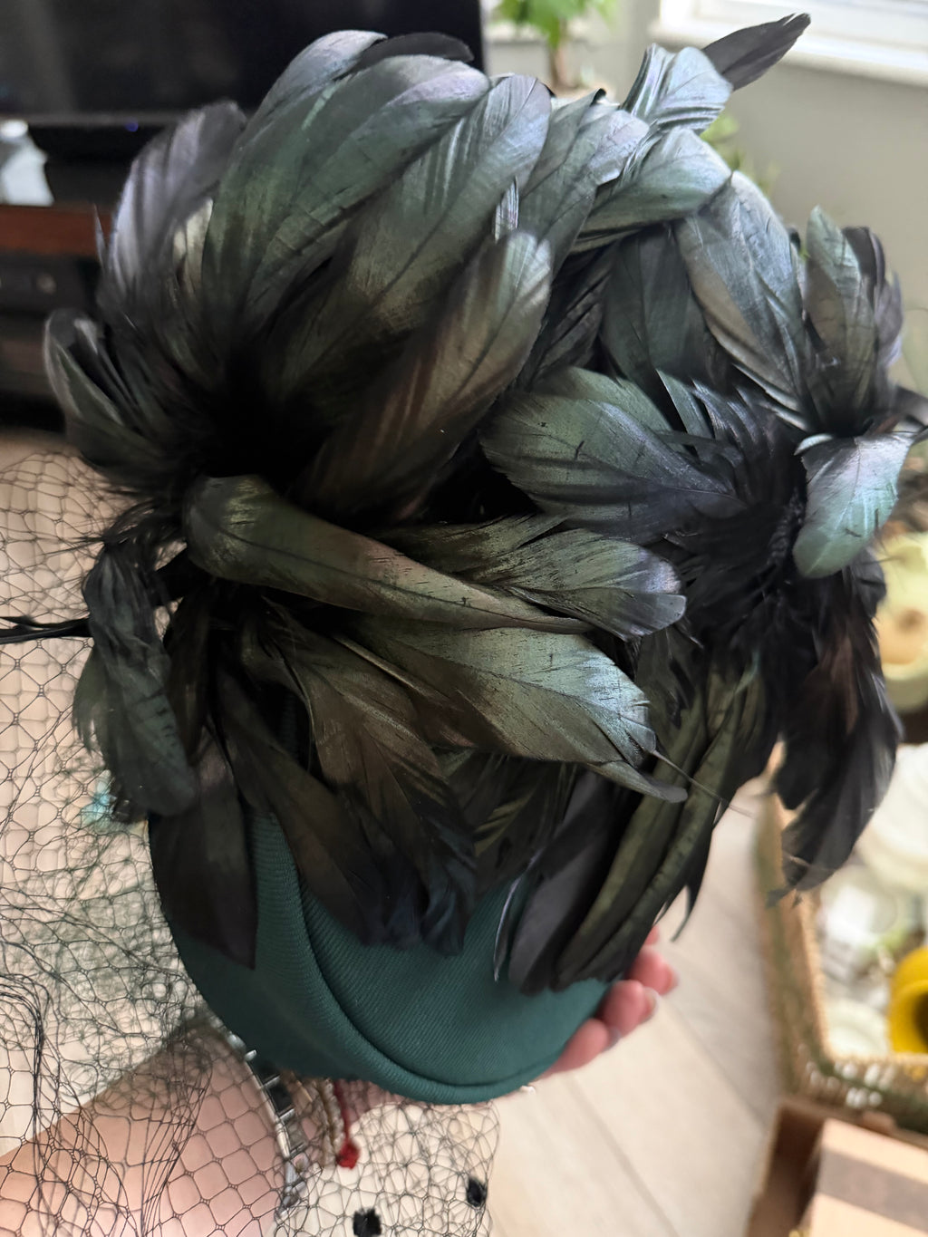 Vintage Green Hat with Birdcage Veil and Feather Accents